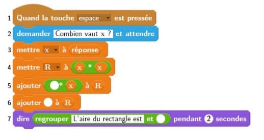 Script Scratch pour l'aire du rectangle exercice 4 Mathématique brevet des collèges annales 2022