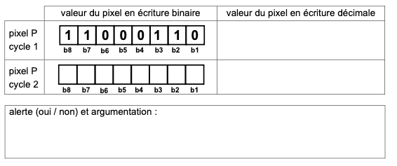 Tableau réponse pour le pixel P – valeurs binaires et décimales